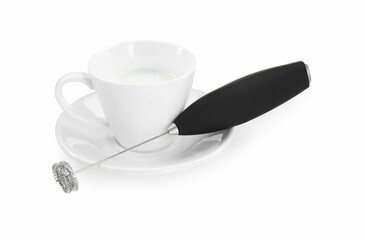 Milk frother wand and cup isolated on white