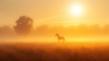   A horse stands in a field, sun rays piercing through the fog Trees silhouetted against background
