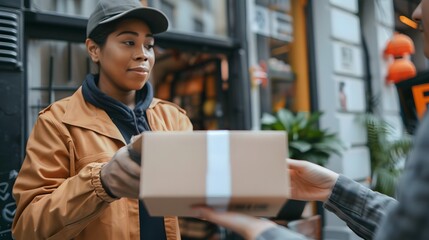 convenience of same-day delivery with an image of a courier handing over a package to a customer shortly after it was ordered online.