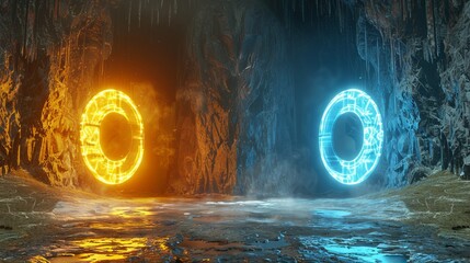 Two portals positioned opposite each other in a mountain cave, emanating magical symbols and vibrant glows—evoking a sense of enchantment and wonder. 3D Render