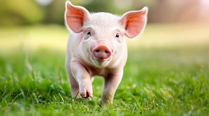   A tiny pig sprints through the grass, ears erect and eyes bright, amidst a hazy foreground of waving blades and leafy trees