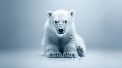   A polar bear, poised on hind legs, gazes intently into the camera