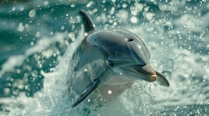   A dolphin leaps from the water, mouth agape, head exposed
