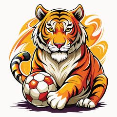 a tiger playing with a soccer ball in front of a yellow circle