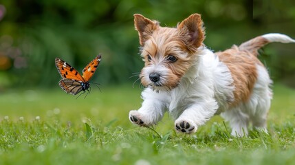   A small brown-and-white dog chases an orange-and-black butterfly over a green grass field, dotted with trees in the background