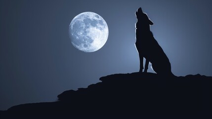   A wolf atop a hill, silhouetted against a full moon Moon's radiant glow illuminates backdrop