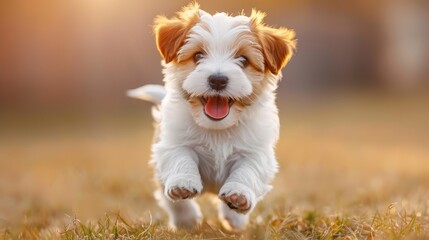   A small white and brown dog runs in a field of grass, tongue out and mouth open