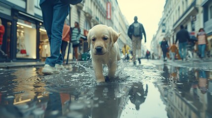   A tight shot of a dog trotting on a slick street, while people pass by on the opposite sidewalk