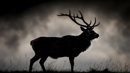   A monochrome image of a deer with antlers, positioned in a lush grass field