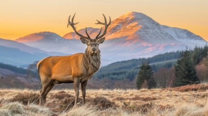   A red deer atop a dry, grass-covered field gazes towards a sunsetting mountain
