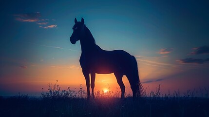   A silhouetted horse stands in a field as the sun sets, casting long shadows; clouds scatter across the sky