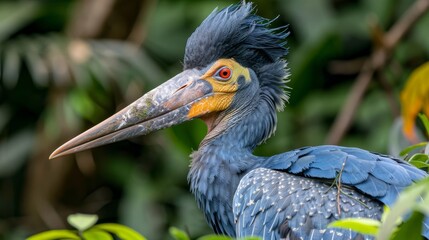  the bird sports a head adorned with yellow and blue