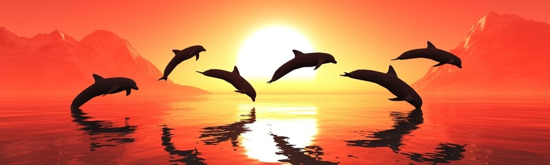 Dolphins playing against the backdrop of sunset, seascape with dolphins, 3D rendering