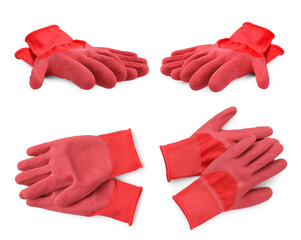 Red gardening gloves isolated on white, views from different angles