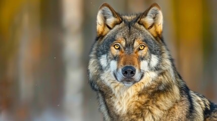   A tight shot of a wolf's expressive face against a softly blurred backdrop featuring trees
