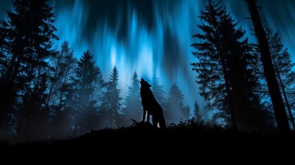   A wolf atop a lush, green forest in a night sky adorned with stars and the Aurora Borealis