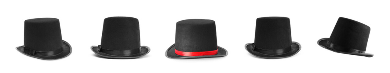 Black magician hats isolated on white, set