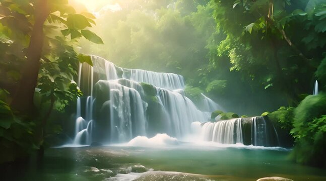 A serene waterfall cascades gently through a lush, misty forest, illuminated by soft sunlight filtering through the canopy