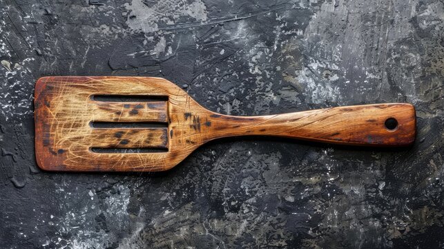 Wooden spatula for cooking on a dark background. Top view.