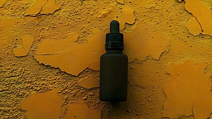 Overhead mockup of a yellow background dispenser bottle for essential oils. Concept Product Mockup, Yellow Background, Essential Oils, Dispenser Bottle, Overhead View