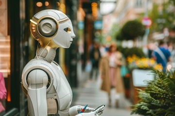 Female humanoid robot equipped with headphones and stylus, navigating urban shopping district depicts seamless blend of advanced robotics and human environments, evoking thoughts of futuristic society