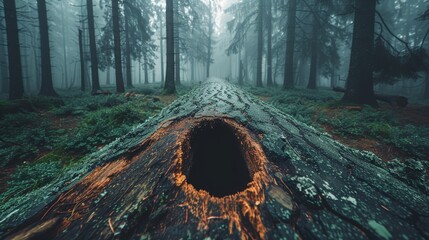   A tree trunk, sporting a mid-sized hollow, stands solo in the heart of the forest on a fog-enshrouded day