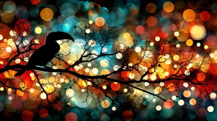   A bird perched on a tree branch against a backdrop of vibrant light boom