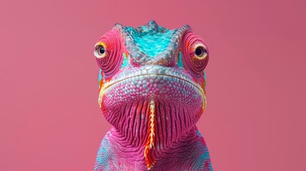   A detailed image of a lizard's head against a pink backdrop featuring a blue-yellow pattern