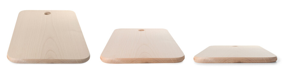 Wooden cutting board isolated on white, views from different angles