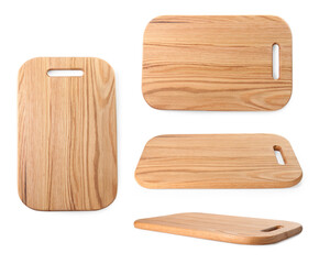 Wooden cutting board isolated on white, views from different angles