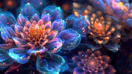 Luminous psychedelic floral design, combining abstract art with floral motifs in a close-up perspective. 