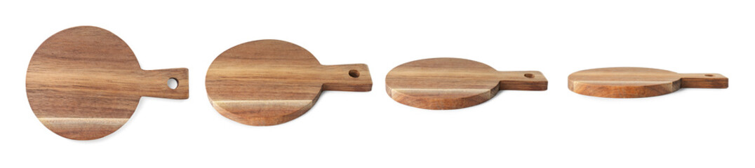 Wooden cutting board isolated on white, views from different angles