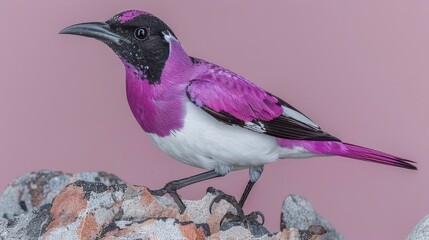 Fototapeta premium A bird in tight shot atop a rock against a pink backdrop A black-and-white avian companion perches above