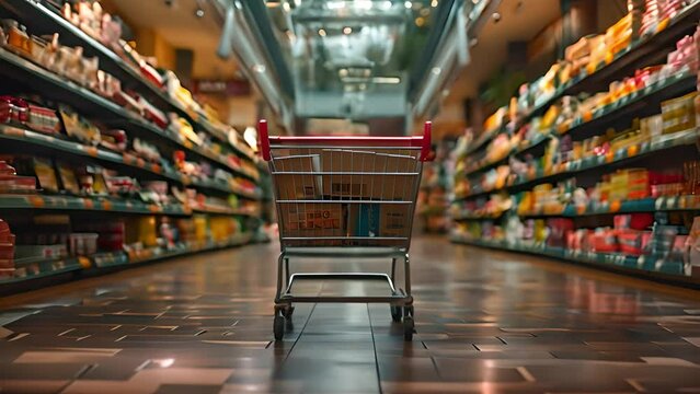 This One empty shopping cart in a brightly lit grocery store aisle. Shopping Cart in Grocery Store Aisle