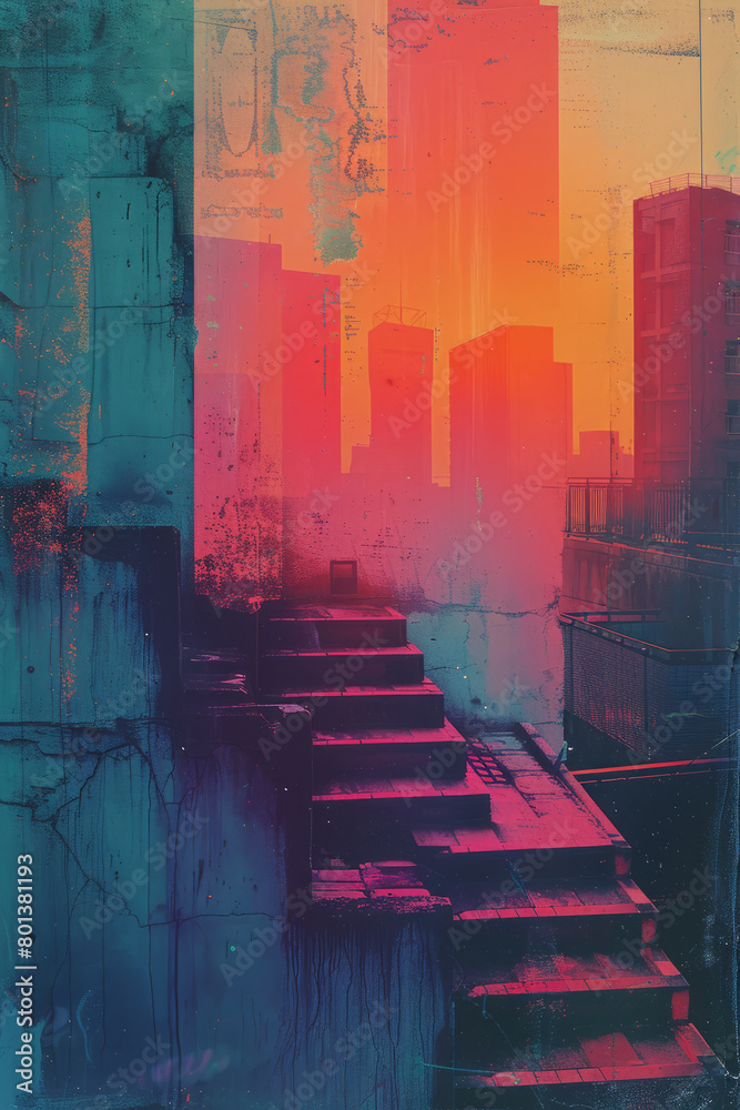 Poster a collage expressing the feeling of anticipation, with ascending lines and gradient colors that crea