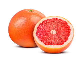 Fresh whole and cut grapefruits isolated on white