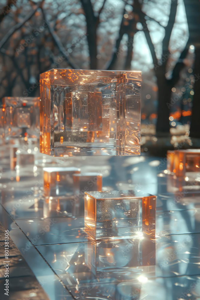 Poster A series of floating cubes that appear to be sinking into one another, creating a visual paradox,