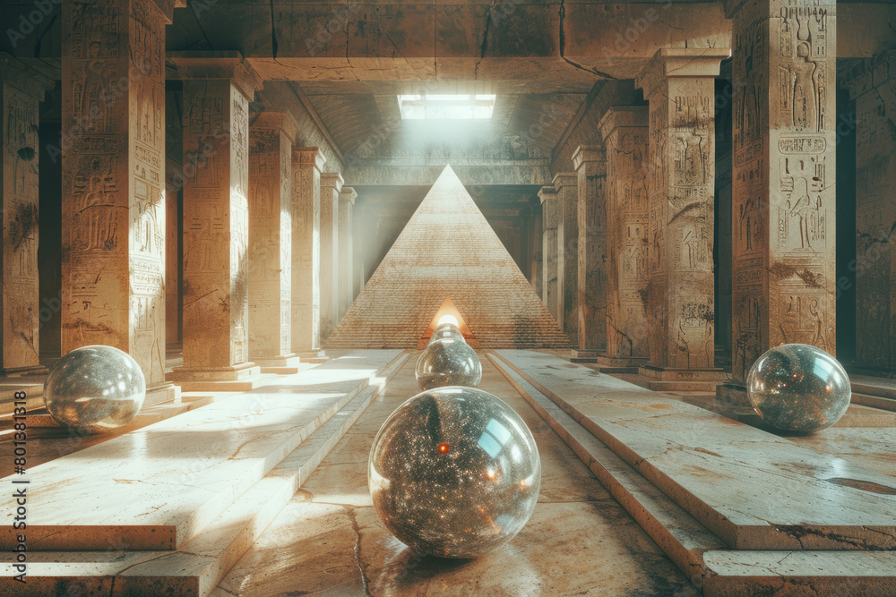 Poster A complex arrangement of spheres and pyramids that appear to pulsate and move as the viewer's perspective changes.