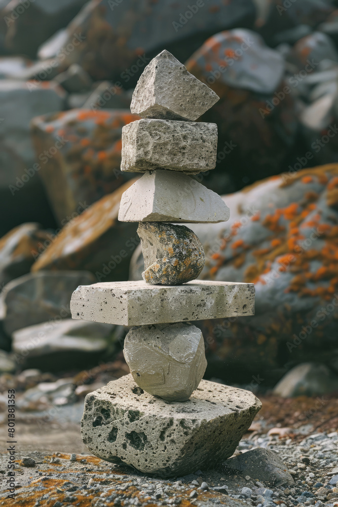 Poster an artwork of stacked geometric shapes that appear to balance precariously, defying gravity and expe