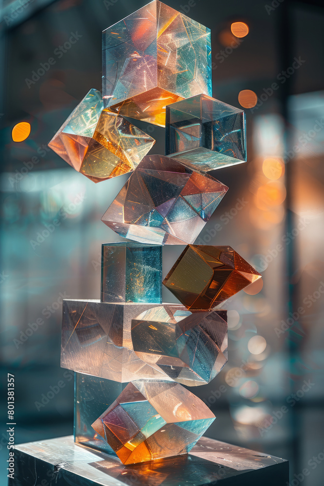 Poster an artwork of stacked geometric shapes that appear to balance precariously, defying gravity and expe