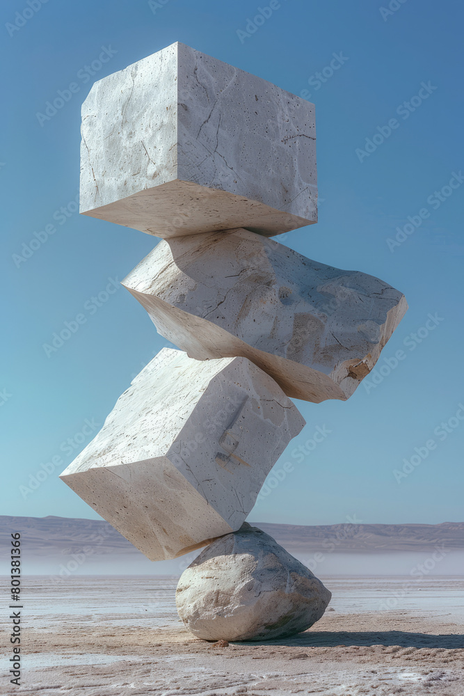 Poster an artwork of stacked geometric shapes that appear to balance precariously, defying gravity and expe