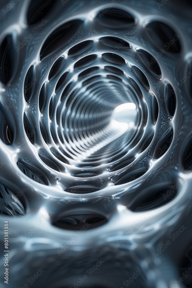 Poster a deceptive image where flat circles are arranged to give the illusion of a spiraling, three-dimensi
