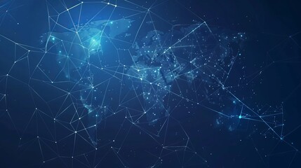 Vector illustration of a futuristic world map symbolizing global social networks and technological advancements, set against a blue plexus geometric background.