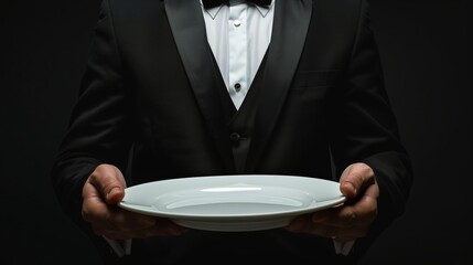 A close-up of a man in a tuxedo holding an empty white plate, set against a dark background.