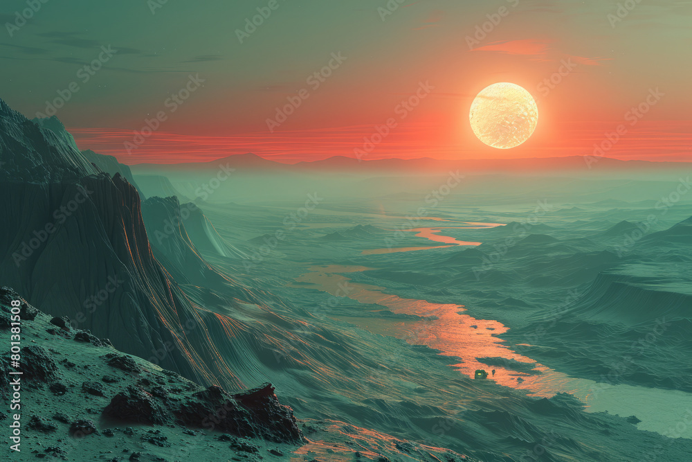 Fototapete A serene scene of an exoplanetary system with multiple habitable planets, each with unique atmospheric features,