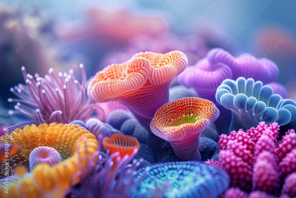 Aufkleber a 3d abstract rendering of a coral reef, with exaggerated colors and geometrically shaped corals,