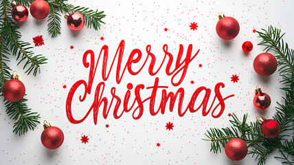 Christmas background with the inscription "Merry Christmas" in red and fir branches and red Christmas balls on a white background. Christmas greeting card Top view.  