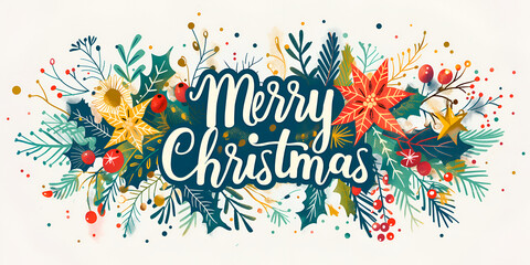 Christmas colorful illustration with "Merry Christmas" lettering and Christmas composition on a white background.