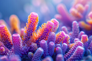 A 3D abstract rendering of a coral reef, with exaggerated colors and geometrically shaped corals,