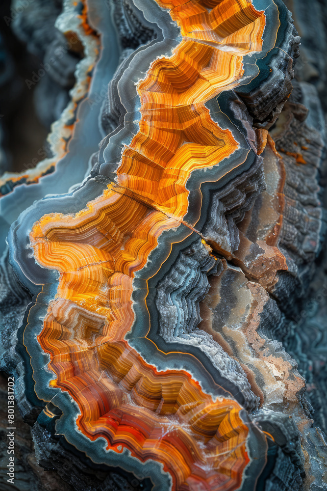 Poster A realistic rendering of a cross-section of petrified wood, showing the transition from wood to stone with vivid color details,